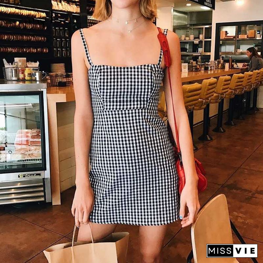 Retro Plaid Straight Neck Gingham Bodycon Dress