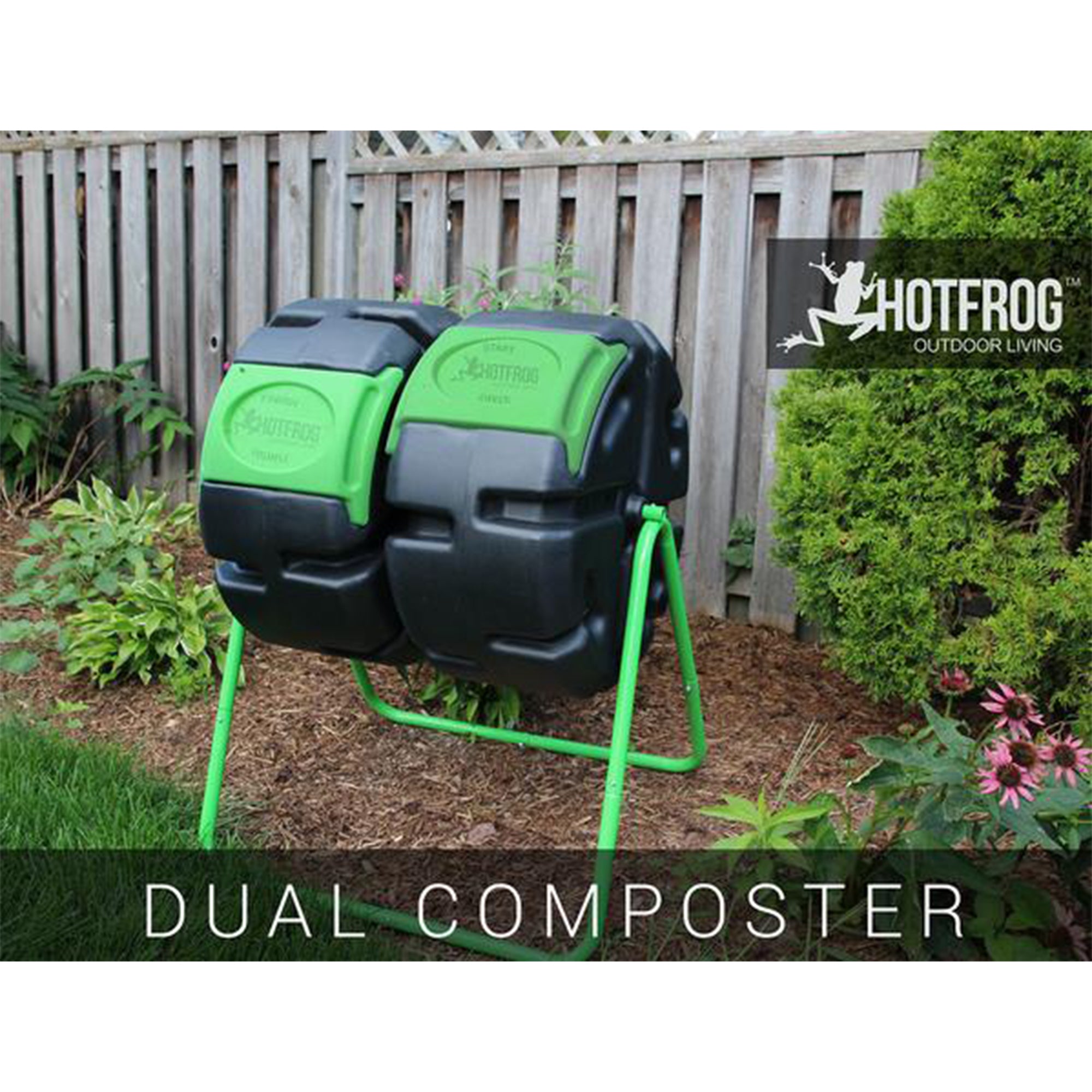 FCMP Outdoor HOTFROG 37-Gallon Dual Chamber Tumbling Composter Rotating Garden Compost Bin, Black/Green