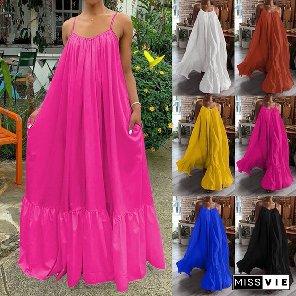 New Women Camisole Oversized Fashion Casual Sleeveless Maxi Dresses Strap Dress Backless Big Swing Floor-Length Robe