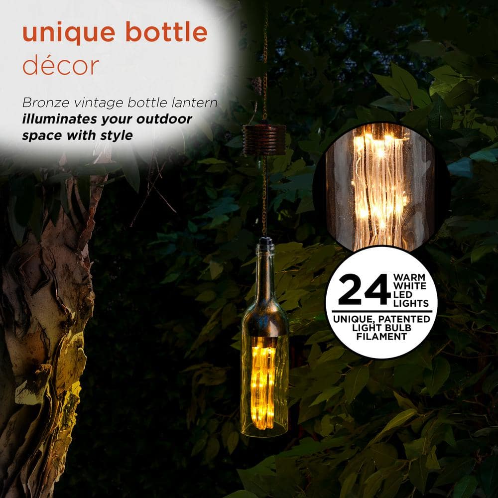 Alpine Corporation Outdoor Hanging Solar Powered Metal and Glass Bottle Lantern with LED Light, Bronze QTT426SLR-BZ