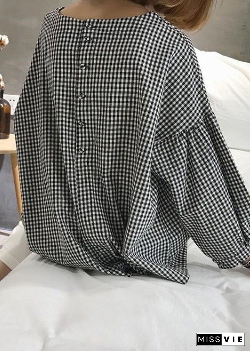 French Plaid Cotton Women Fine Sewing Asymmetric Plus Size Clothing Blouse