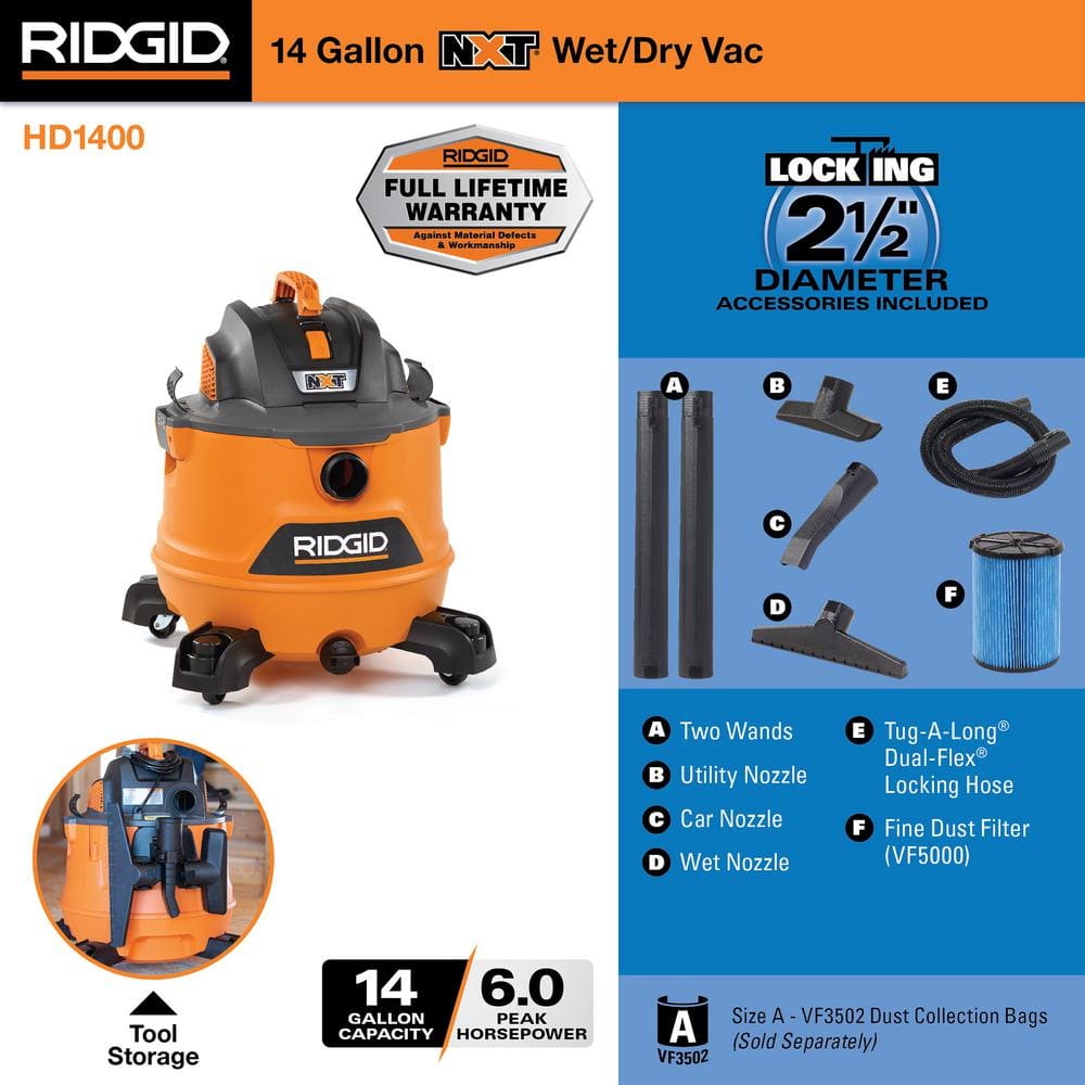 RIDGID 14 Gallon 6.0 Peak HP NXT Wet/Dry Shop Vacuum with Fine Dust Filter, Locking Hose and Accessories HD1400