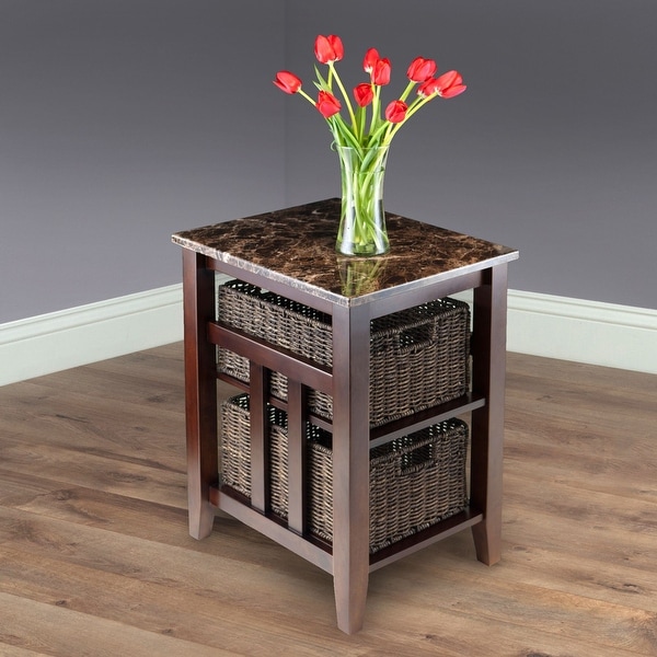 Zoey Side Table Faux Marble Top with 2 Baskets