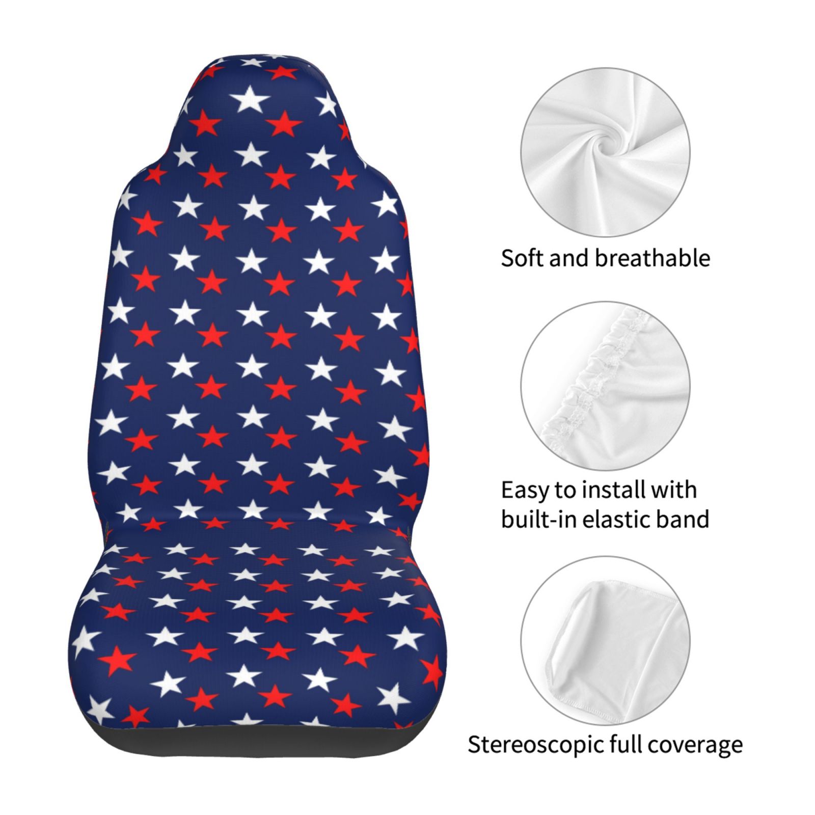 TEQUAN Front Seat Covers， America Patriotic Red White Blue Stars Pattern 2 Piece Car Seat Cover Fit Most Car SUV Truck Van