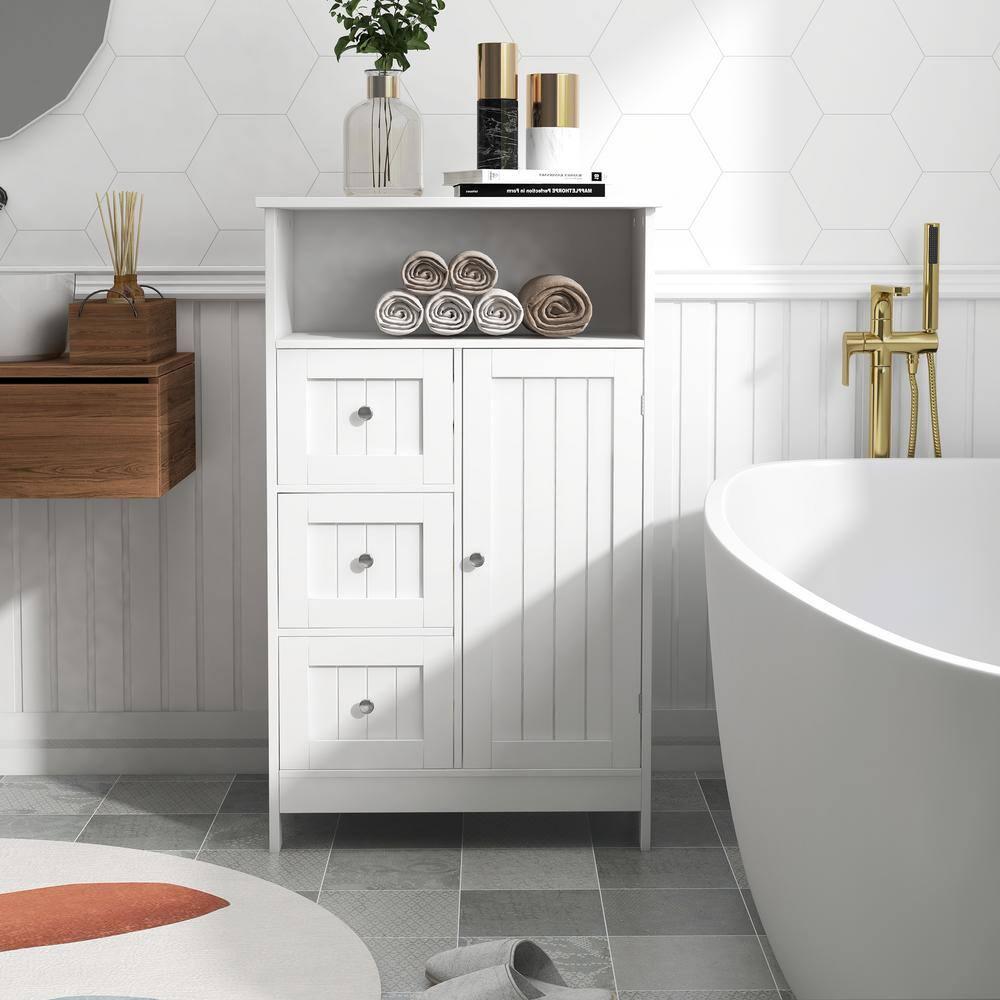 2362 in W x 118 in D x 3957 in H White Bathroom Wall Cabinet with 3 Drawers and 1 Door