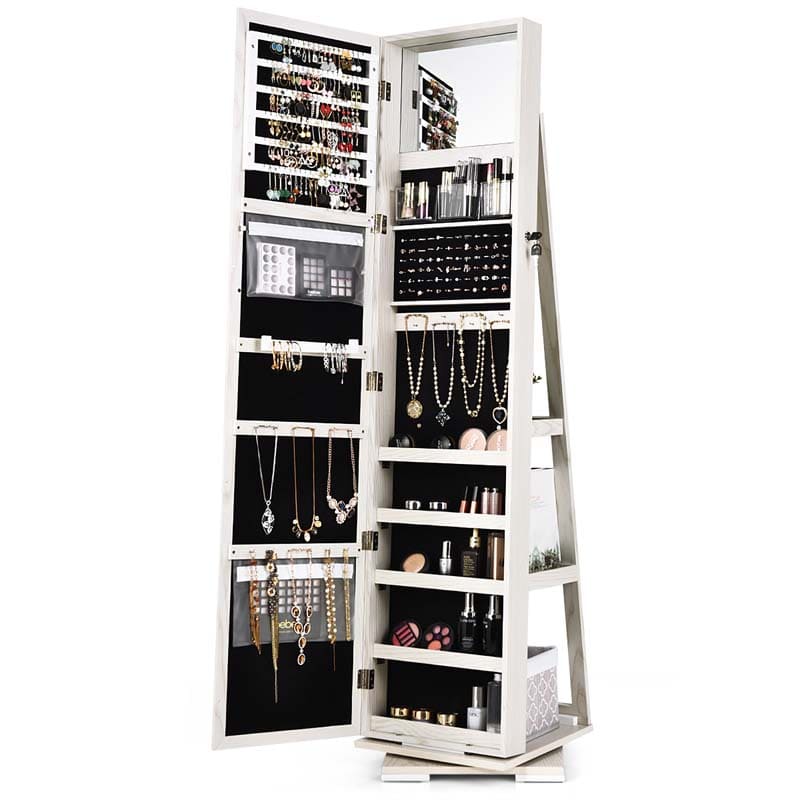 360 Rotating Jewelry Armoire with Higher Full Length Mirror, 3-in-1 Freestanding Lockable Jewelry Cabinet Organizer