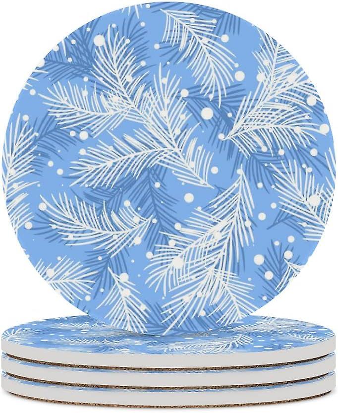 6pcs Round Fir Branches And Snow Ceramic Coasters With Cork-backed For Coffee Drink Cup Mat Absorbent Stone Coasters