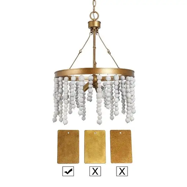 Mid-century Modern 3-light Wood Beads Chandelier Distressed Gold Dimmable Lights - D17