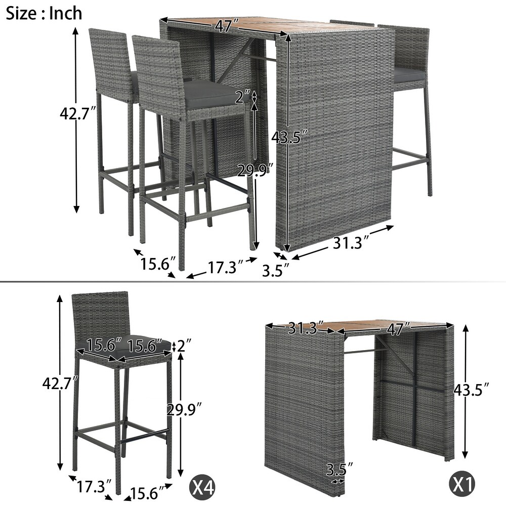 5 piece Outdoor Patio Wicker Dining Set Brown Wood and Gray Wicker