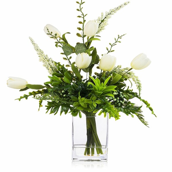 Enova Home Artificial Silk Tulips Fake Flowers and Mixed Greenery in Clear Glass Vase with Faux Water for Home Office Decoration