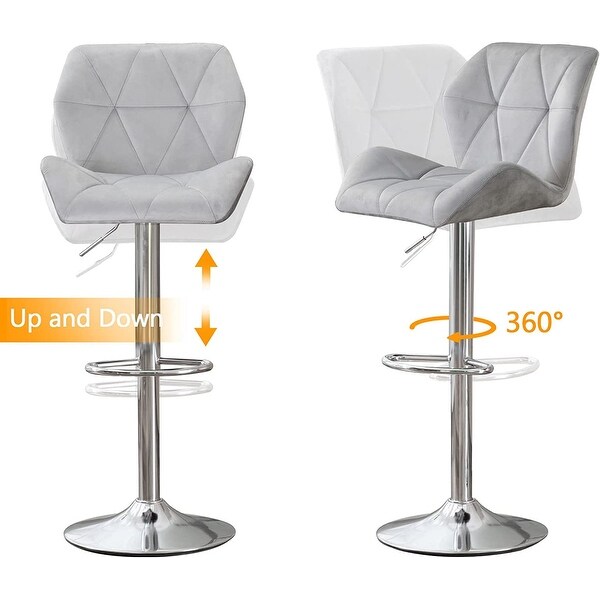 Velvet Armless Bar Stools Set of 2， Swivel Counter Stools Height Adjustable， with Diamond Padded， Light Grey