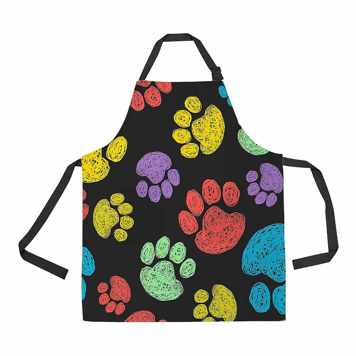 Cute Colorful Doodle Paw Prints Animal Tiling Unisex Adjustable Bib Apron With Pockets For Commercial Restaurant And Home Kitchen Use