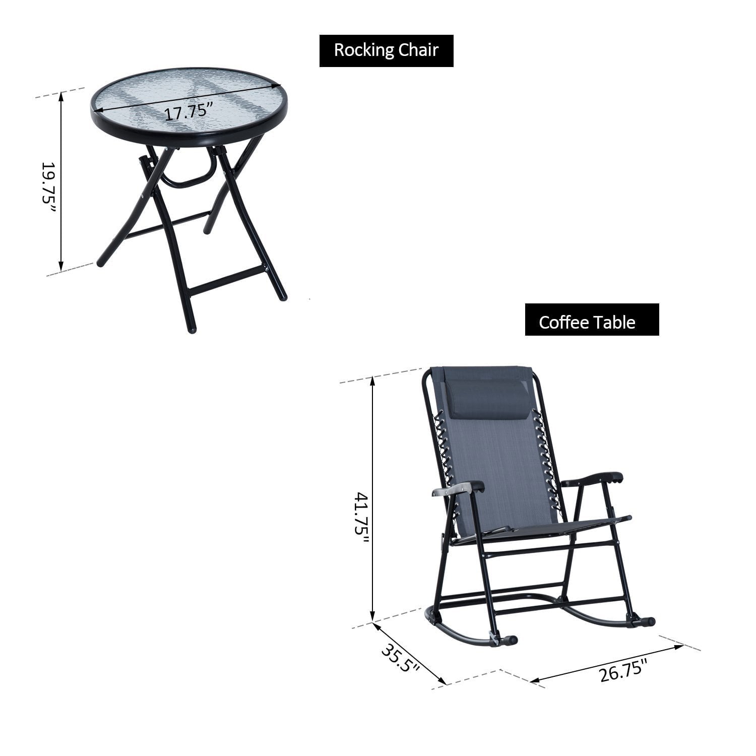 ametoys Outdoor Folding Rocking Chair Patio Table Seating Set, 2 Rocking Chairs with Armrests and 1 Side Table with Tempered Glass - Grey