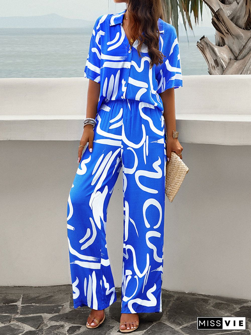 Loose Buttoned Printed Lapel T-Shirts Top + Elasticity High Waisted Pants Bottom Two Pieces Set