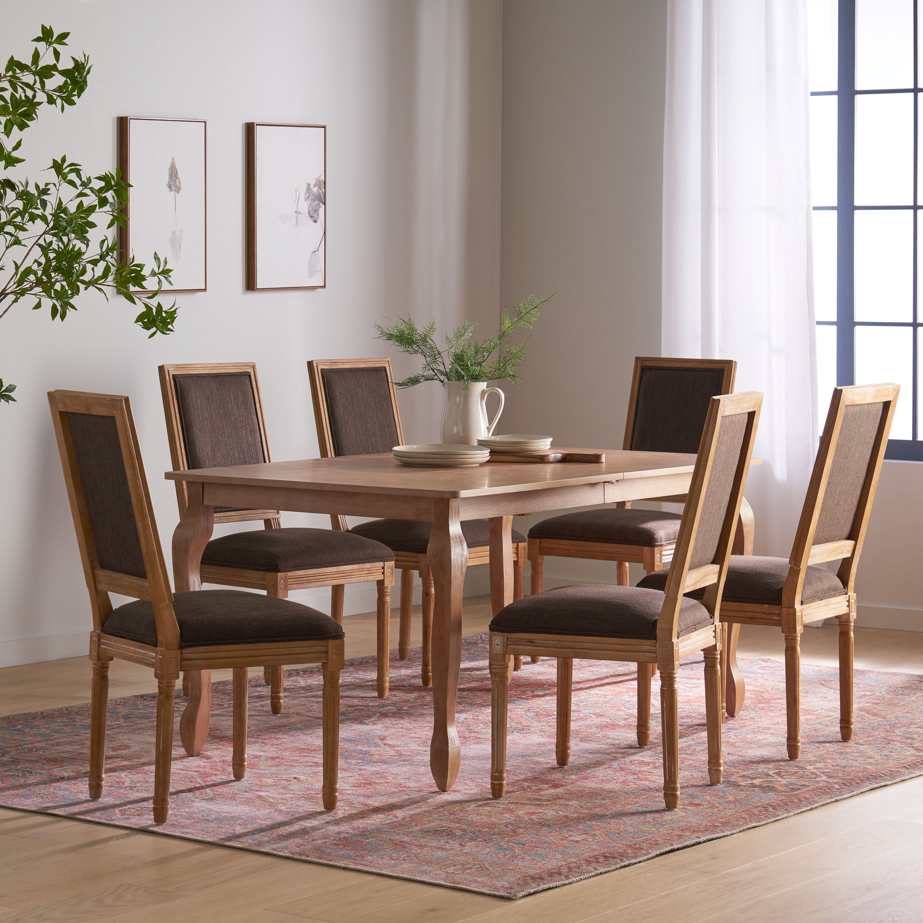 Fernleaf French Country Fabric Upholstered Wood Expandable 7 Piece Dining Set