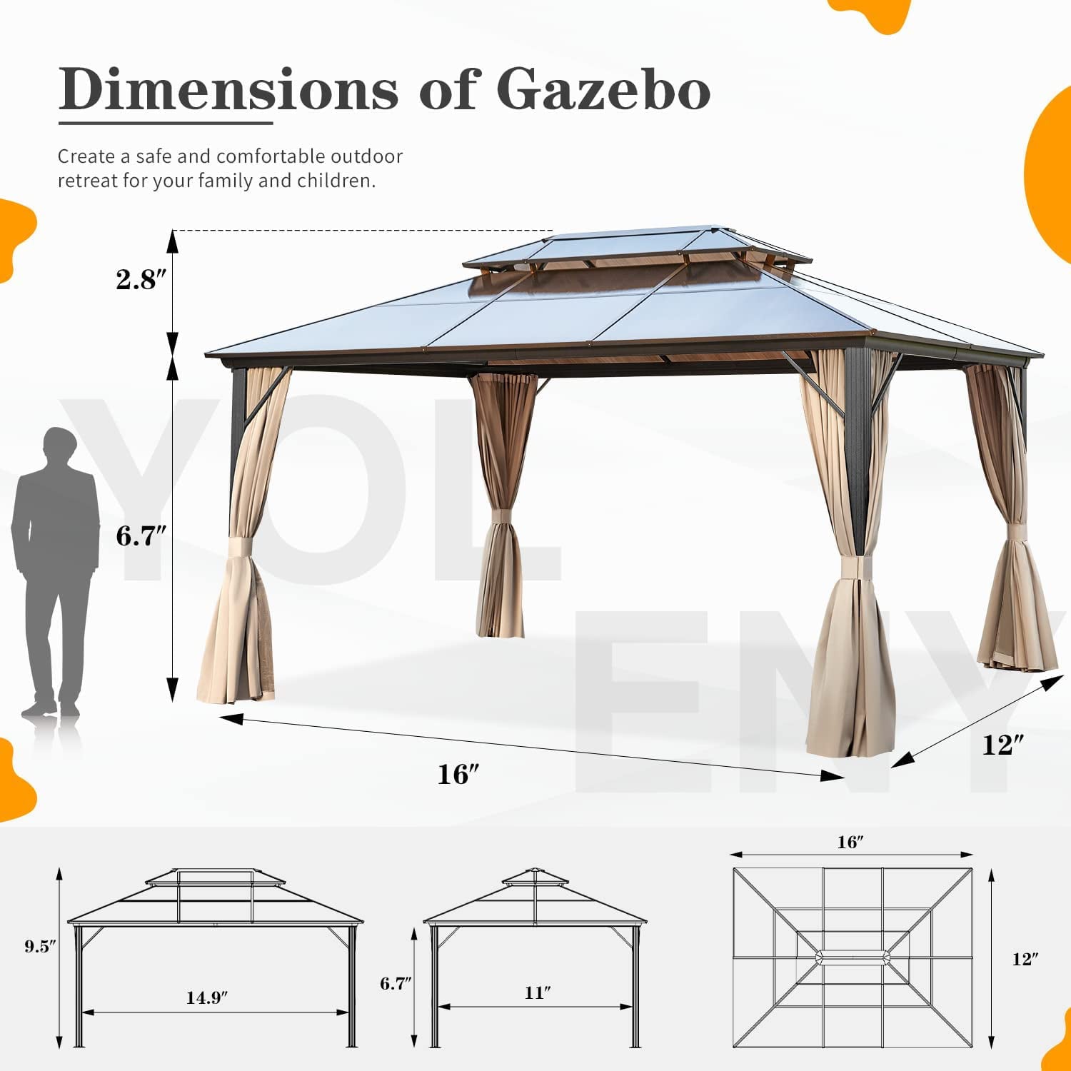 Yoleny 12'x16' Outdoor Polycarbonate Double Roof Hardtop 12 ft Gazebo Canopy, Brown