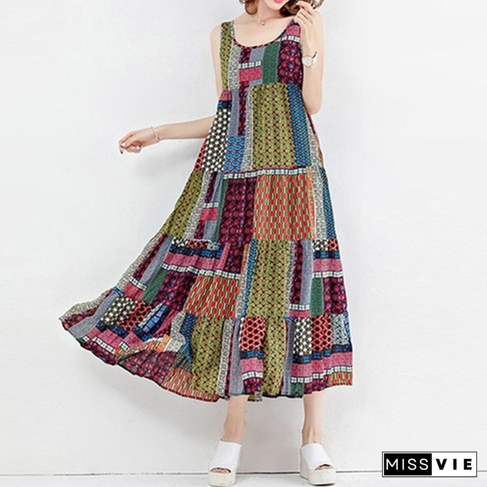 Womens Patch Print Loose Vest Dress Kaftan Sleeveless High Waist Sundress Oversized Casual Hippie Summer Trendy Fashion