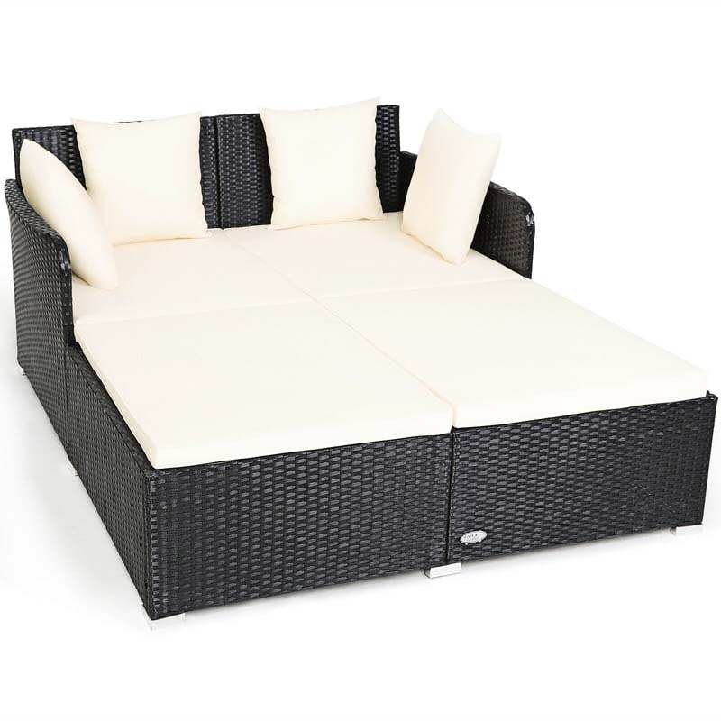 Rattan Wicker Outdoor Daybed Patio Furniture Cushioned Sofa Set with Thick Pillows