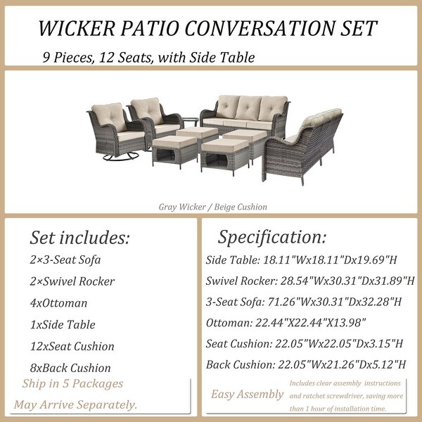 Wicker Patio Furniture Conversation Set with High Back Swivel Chairs and Storage Ottomans，Cushions Included🎃