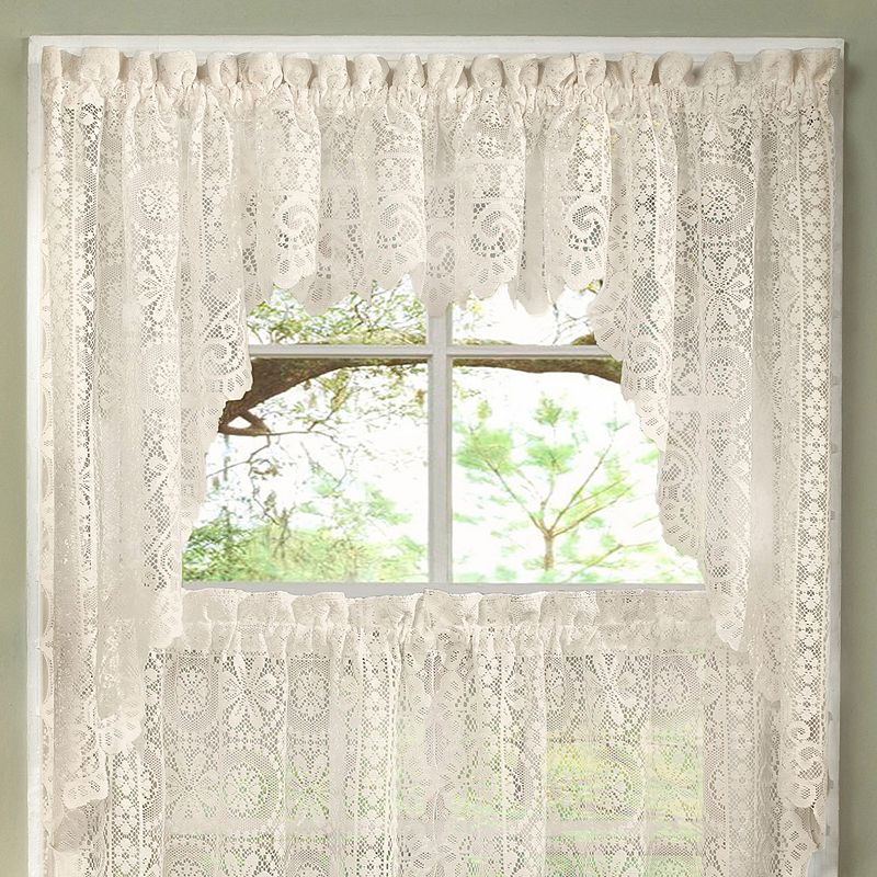 Sweet Home Old World Style Floral Heavy Cream Lace Kitchen Curtain Swag Pair Set