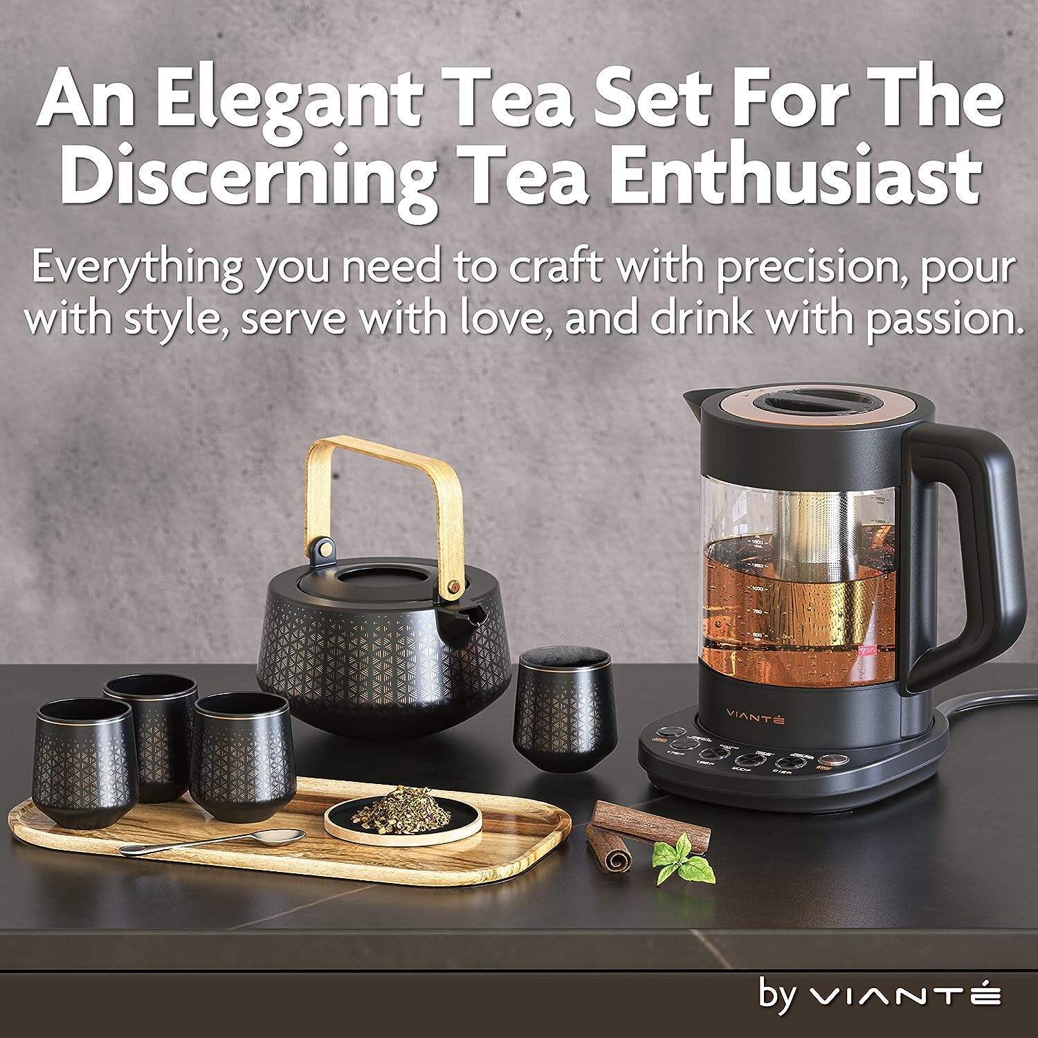 Vianté Hot Tea Maker Electric Glass Kettle with tea infuser and temperature control. Automatic Shut off. Brewing Programs for your favorite teas and Coffee.