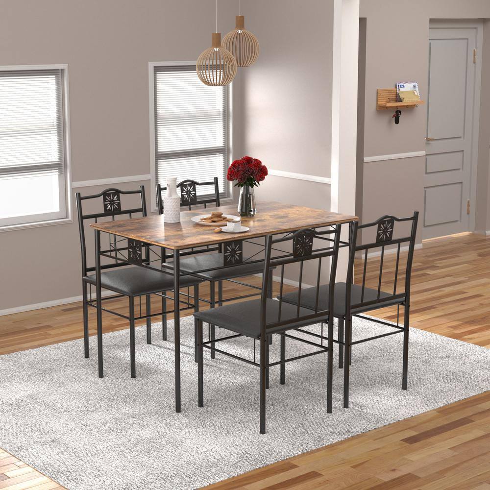 VECELO 5-Piece Dining Table Set Wooden Kitchen Table 1 Table 4 Chairs Metal Legs Rectangular Dining Table Sets，42.1L Brown KHD-XJM-TC07