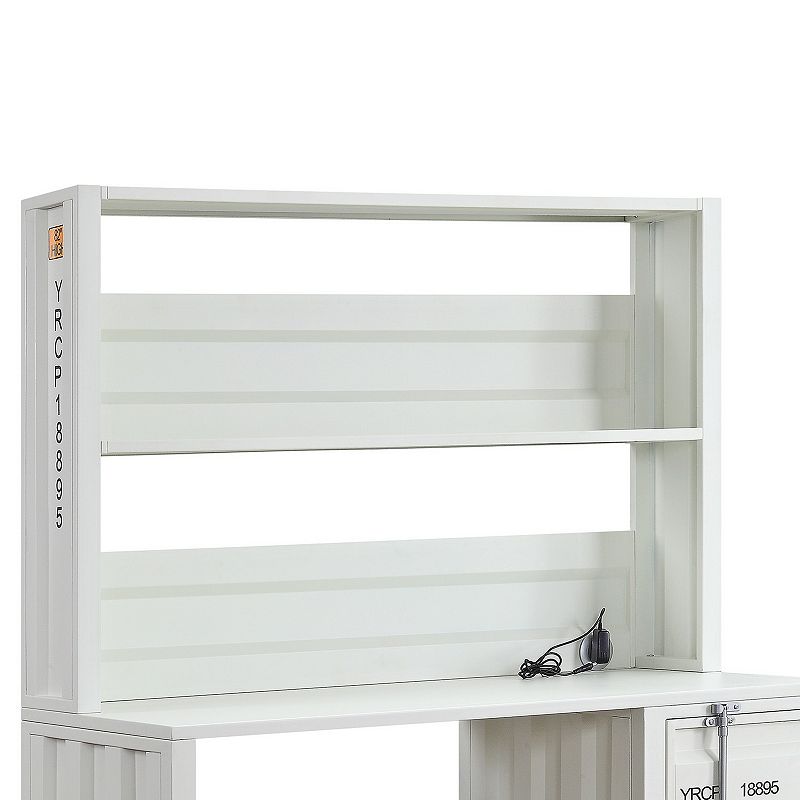 Metal Base Desk and Hutch with Slated Pattern and Storage Compartment， White