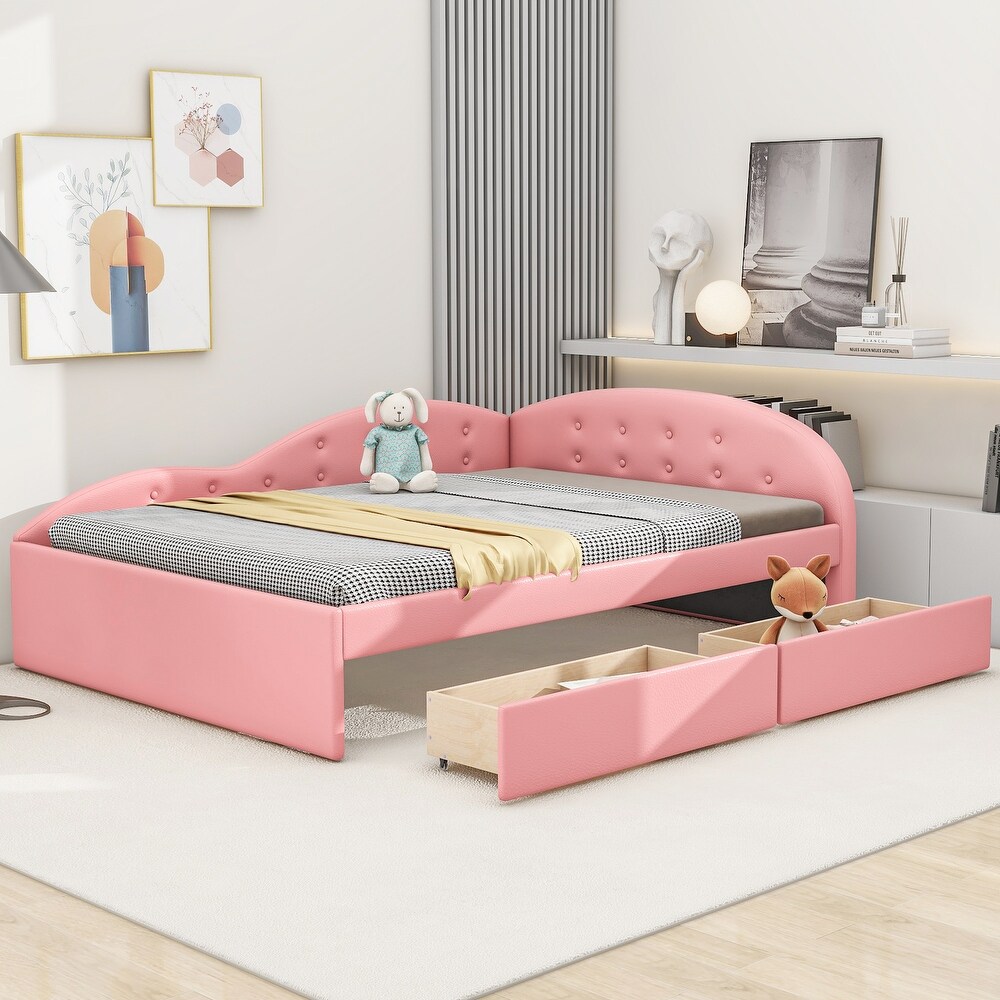 Pink Full Size PU Upholstered Tufted Daybed Wood Platform Bed Frame