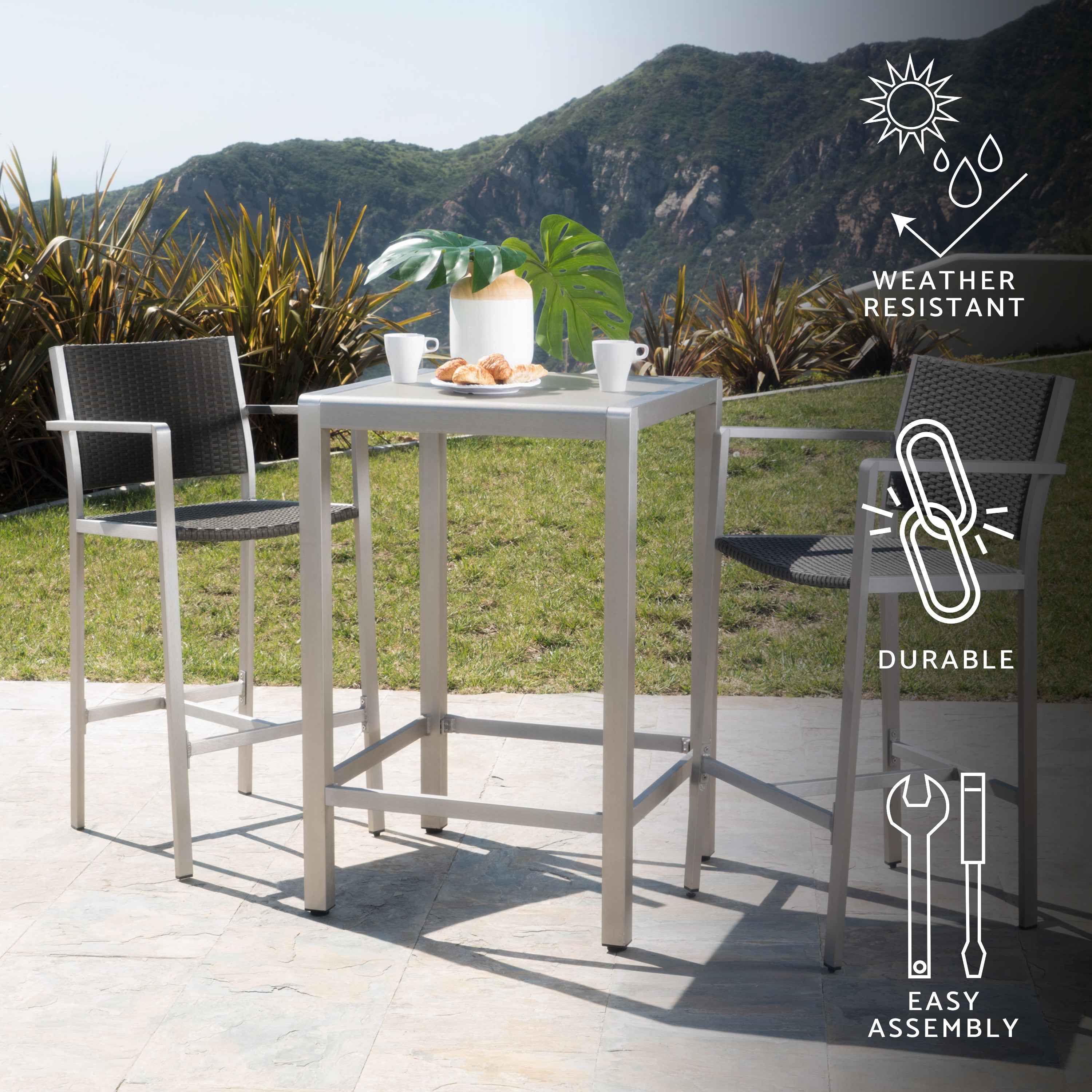 Capral Outdoor 3 Piece Grey Wicker Bar Set with Glass Table Top