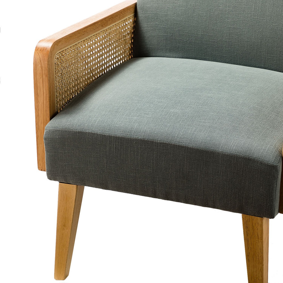 Retro Accent Chair  Natural Wooden Arms With Wicker Accent and Velvet Seat   Tropical   Armchairs And Accent Chairs   by Declusia  Houzz