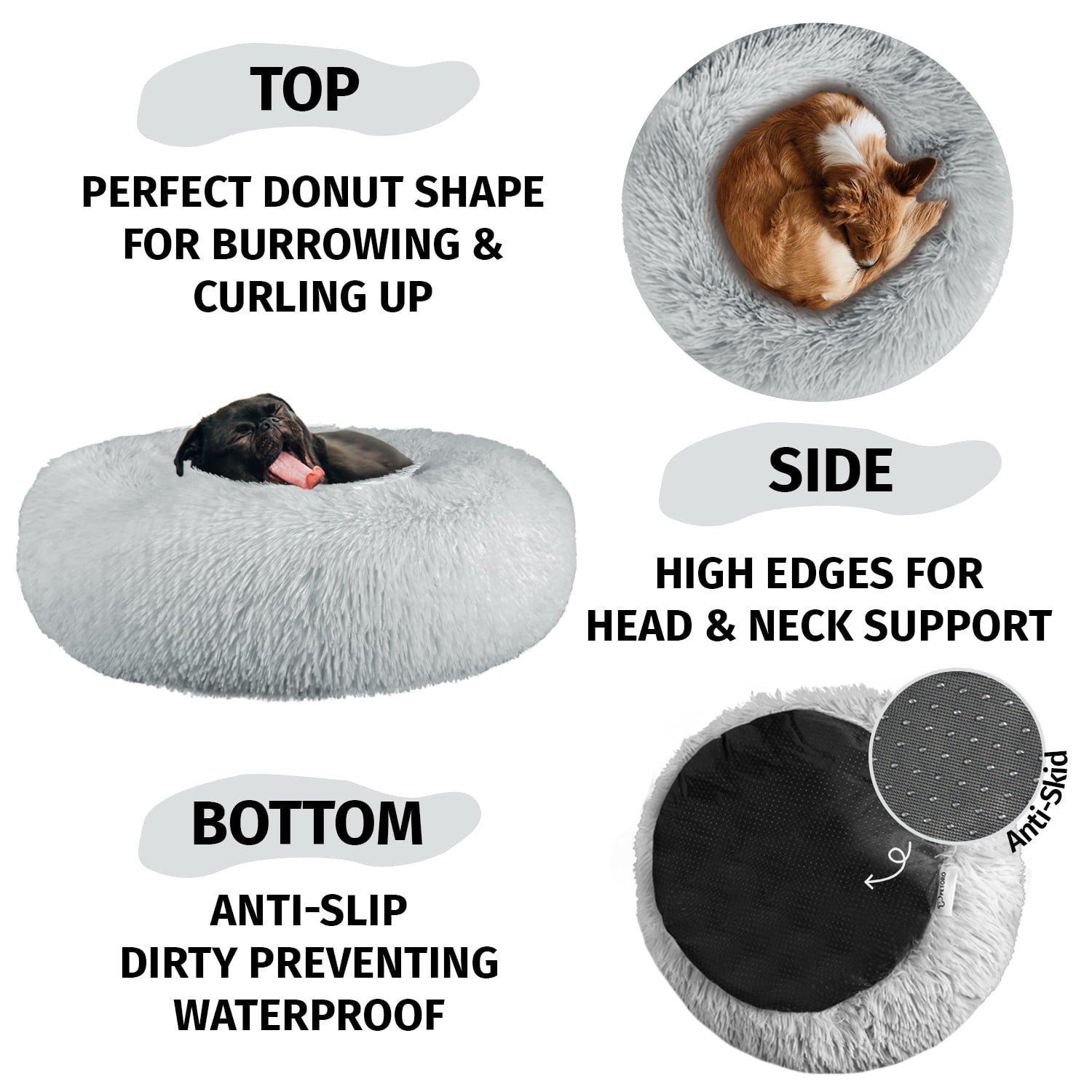 PETORO Dog Bed, Cat Bed, Pet Bed, Anti-Anxiety Machine Washable Donut Bed, Grey, Large