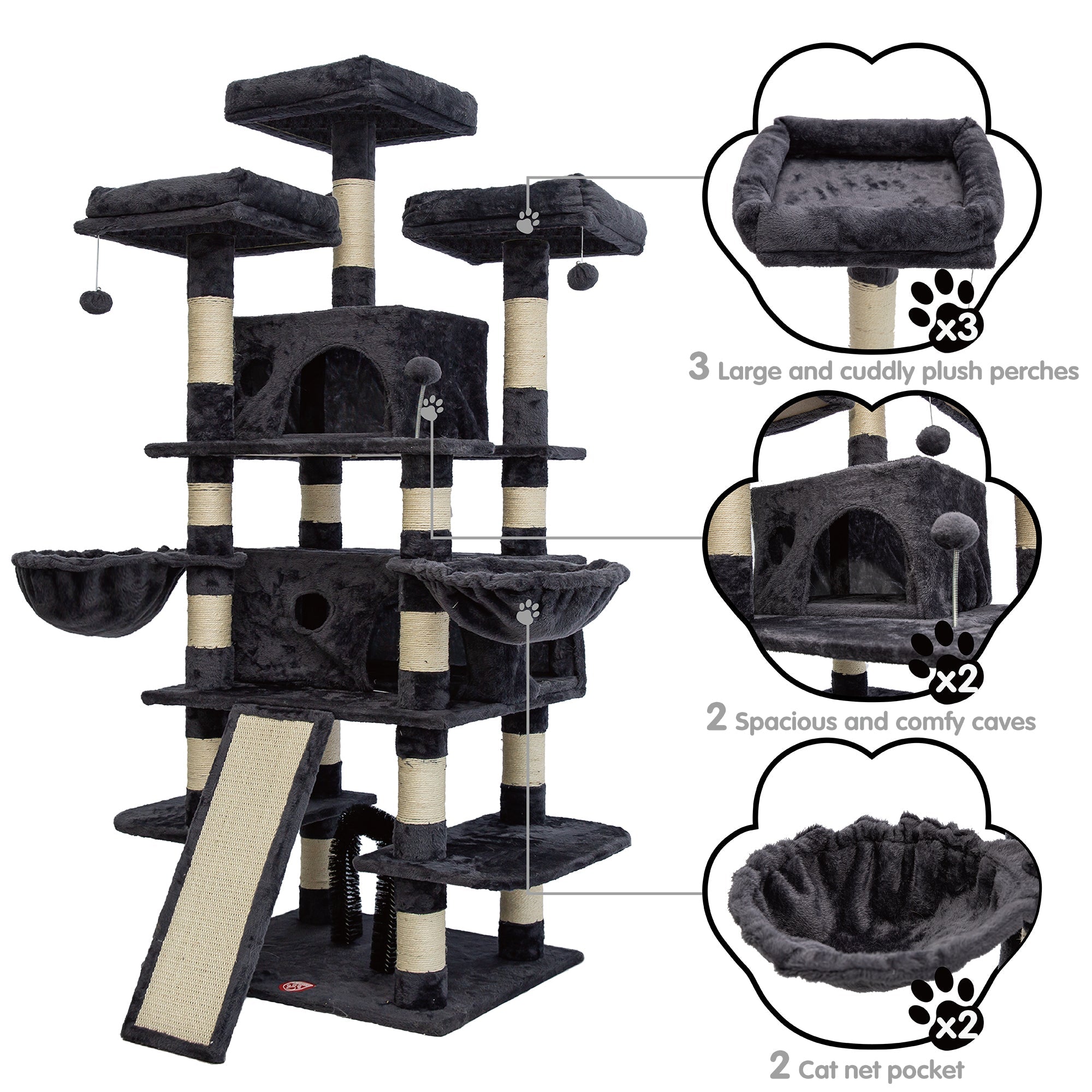 68 Inches Multi-Level Cat Tree Large,Big Cat Tower with Sisal Scratching Posts,Grooming Arch,Cozy Plush Cat Perches and Hammocks,Cat Activity Center Cat Condo Play House