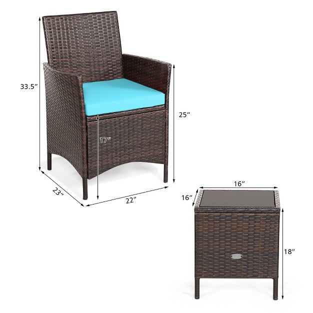 Costway 3pcs Patio Rattan Furniture Set Cushioned Sofa Glass Tabletop Deck Red blue White