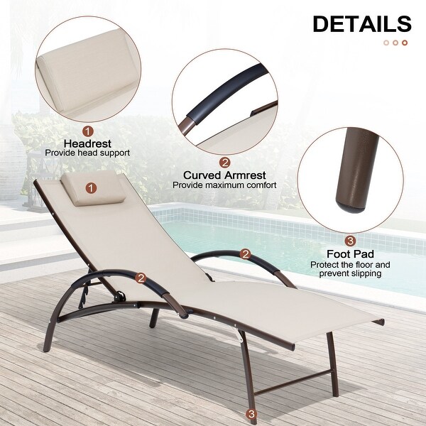 Crestlive Outdoor Adjustable Reclining Chaise Lounge Chair with Arms and Headrest，Aluminum or Steel Frame Options