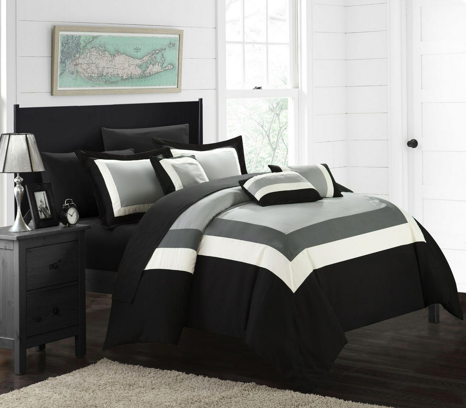 Chic Home Darren 10-Piece Color Block Bed in a Bag Comforter Set， Queen， Black