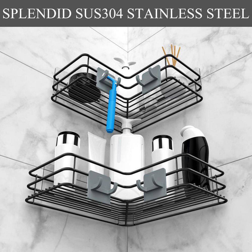 Dracelo 2-Pack Black Adhesive Stainless Steel Corner Shower Caddy Shelf Basket Rack with Hooks B08YRQ9C7D