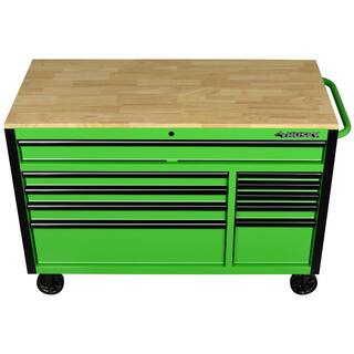 Husky 52 in. W x 24.5 in. D Standard Duty 10-Drawer Mobile Workbench Tool Chest with Solid Wood Work Top in Gloss Green H52MWC10GRN