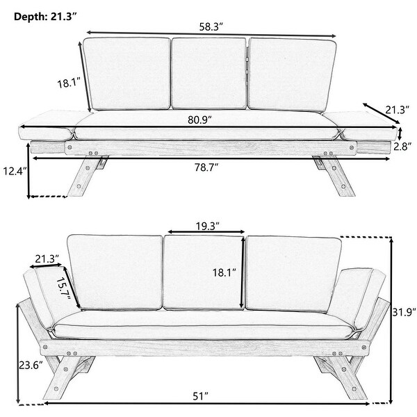 Outdoor Adjustable Patio Wooden Daybed Sofa Chaise Lounge with Cushions for Small Places