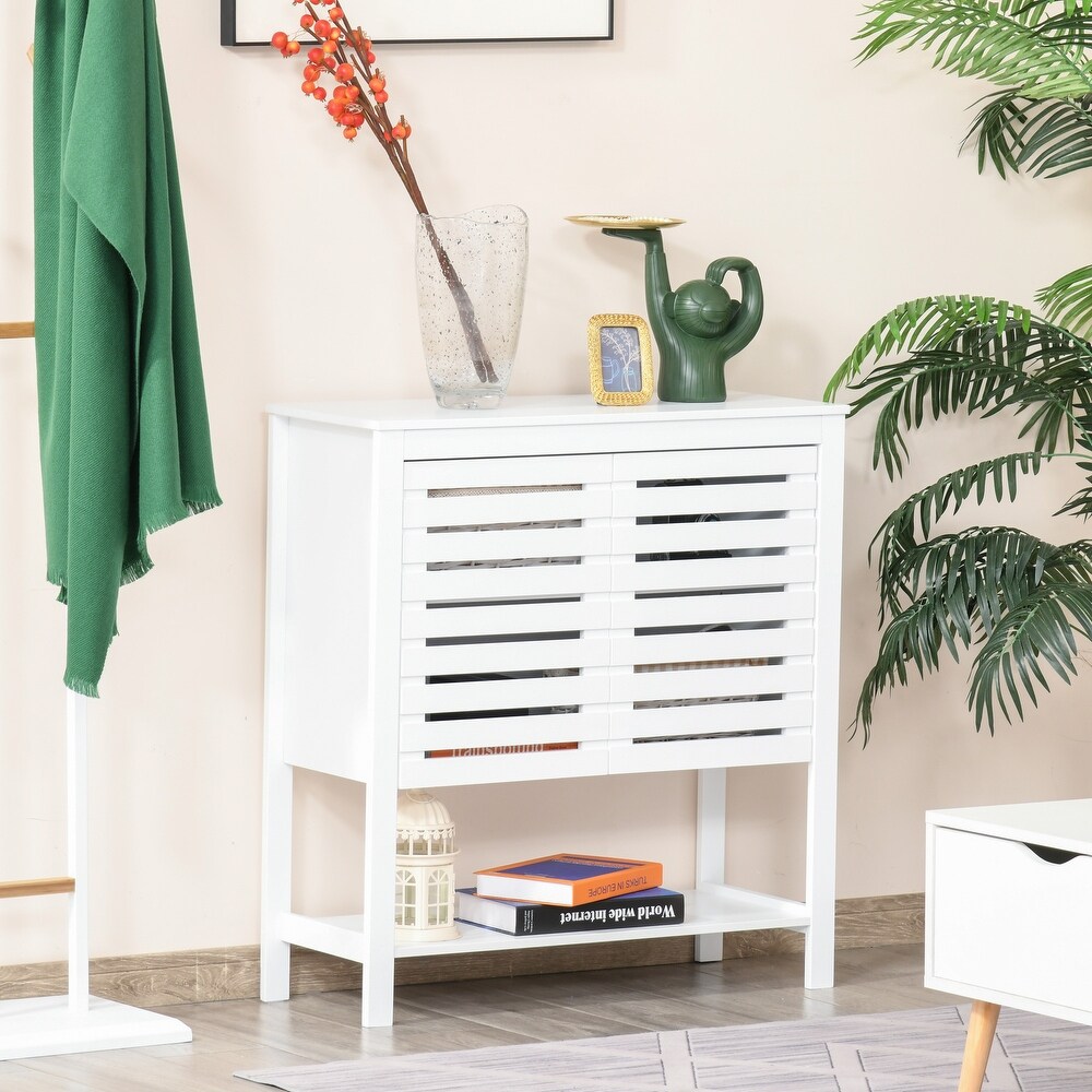 HOMCOM Modern Media Console Cabinet with Slat Double Doors  Enclosed Adjustable Shelf and Open Bottom Shelf  White   11.75*30*32