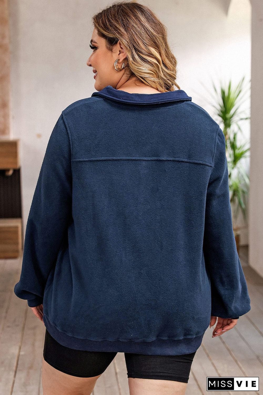 Blue Snap Buttons Pullover Plus Size Fleece Sweatshirt