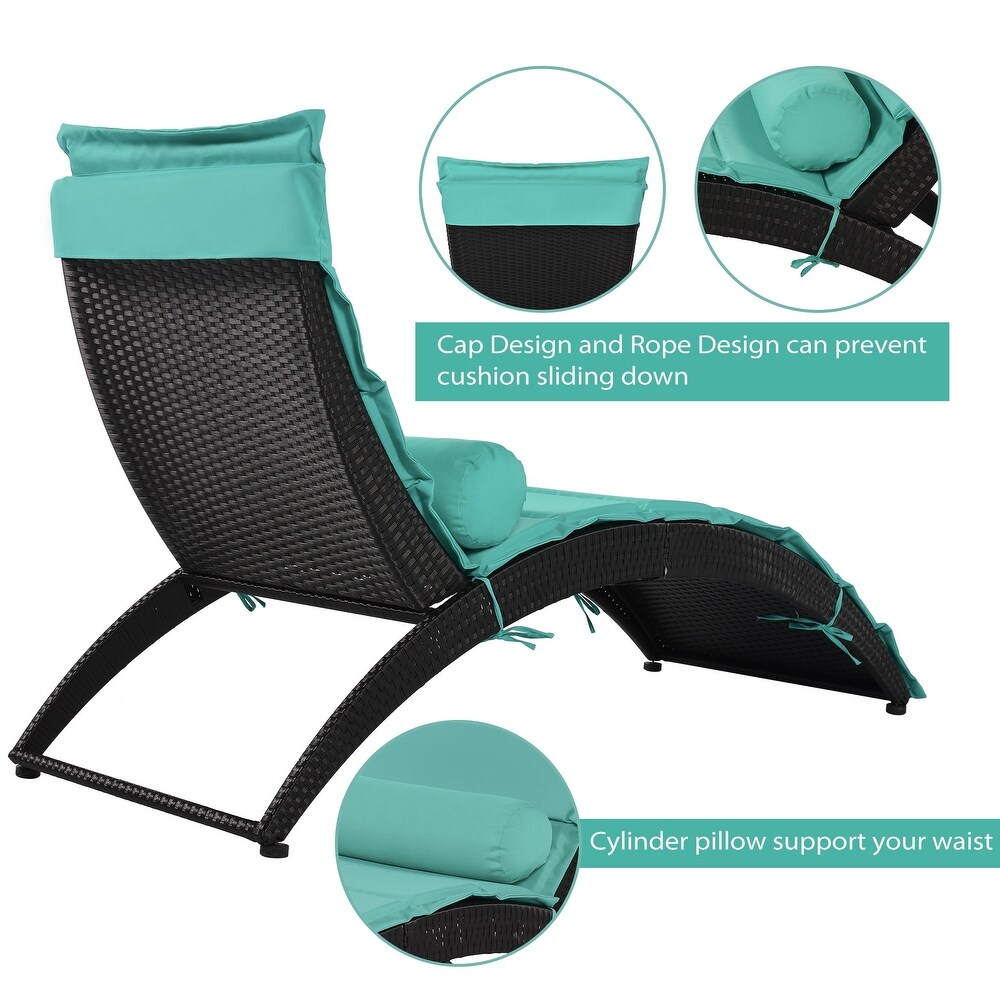 Black Wicker Sun Lounger  PE Rattan Foldable Chaise Lounger with Removable Turquoise Cushion and Bolster Pillow(2 Pack)