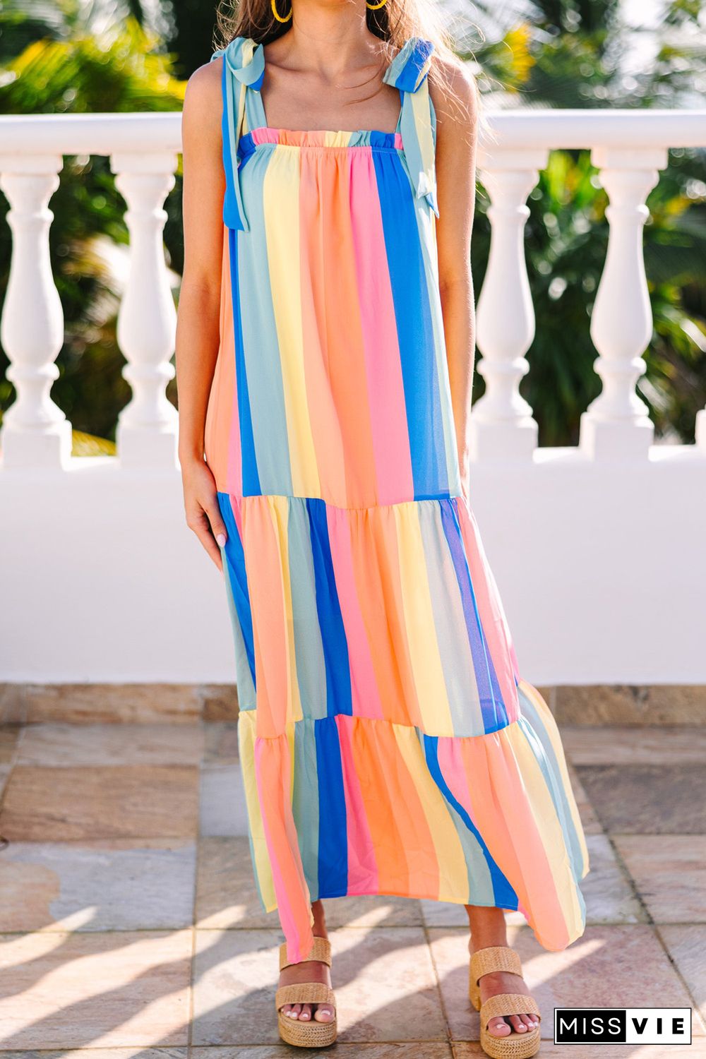 Stripe Tiered Tie Shoulder Straps Maxi Dress