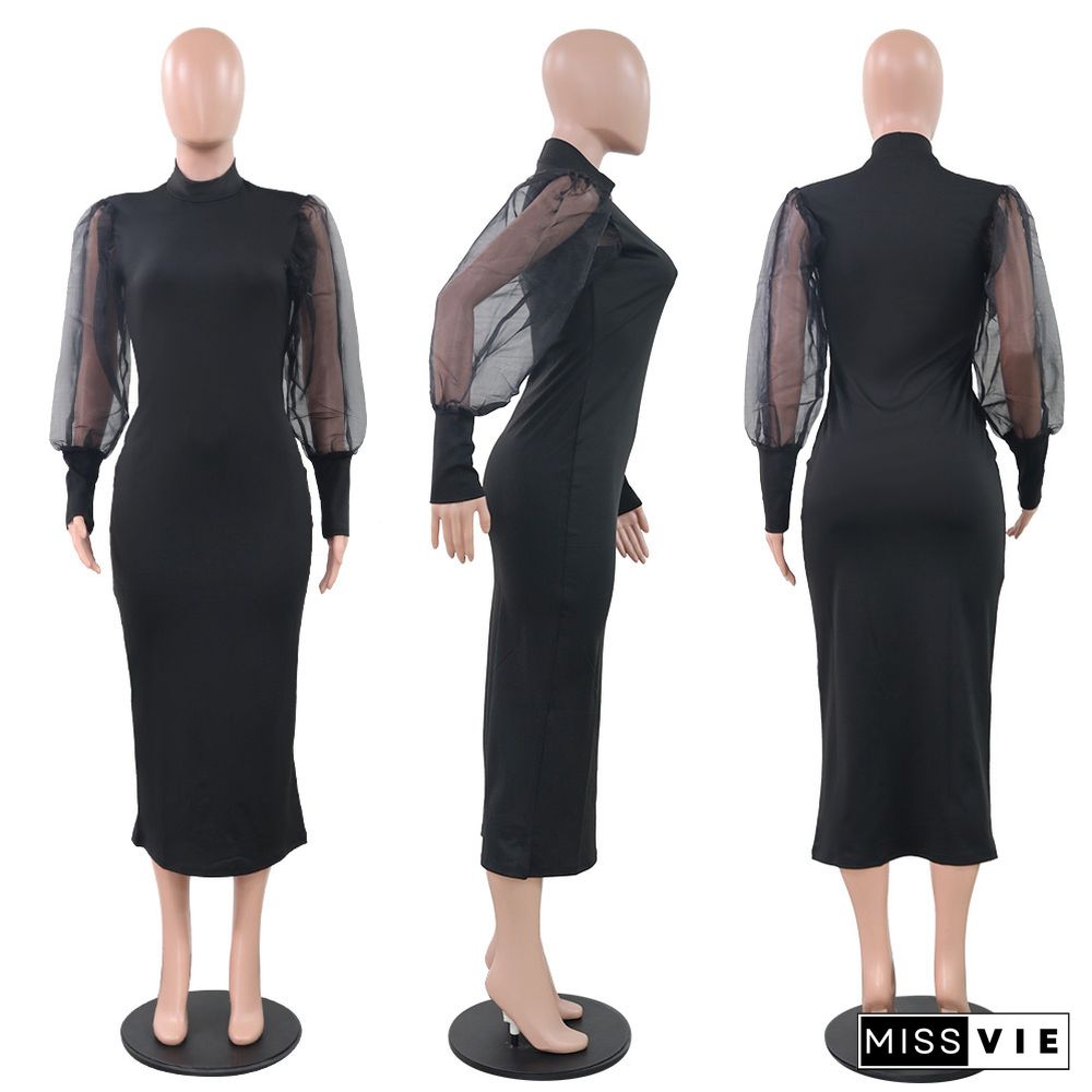 Half Neck Mesh Black Lantern Sleeve Slim Dress