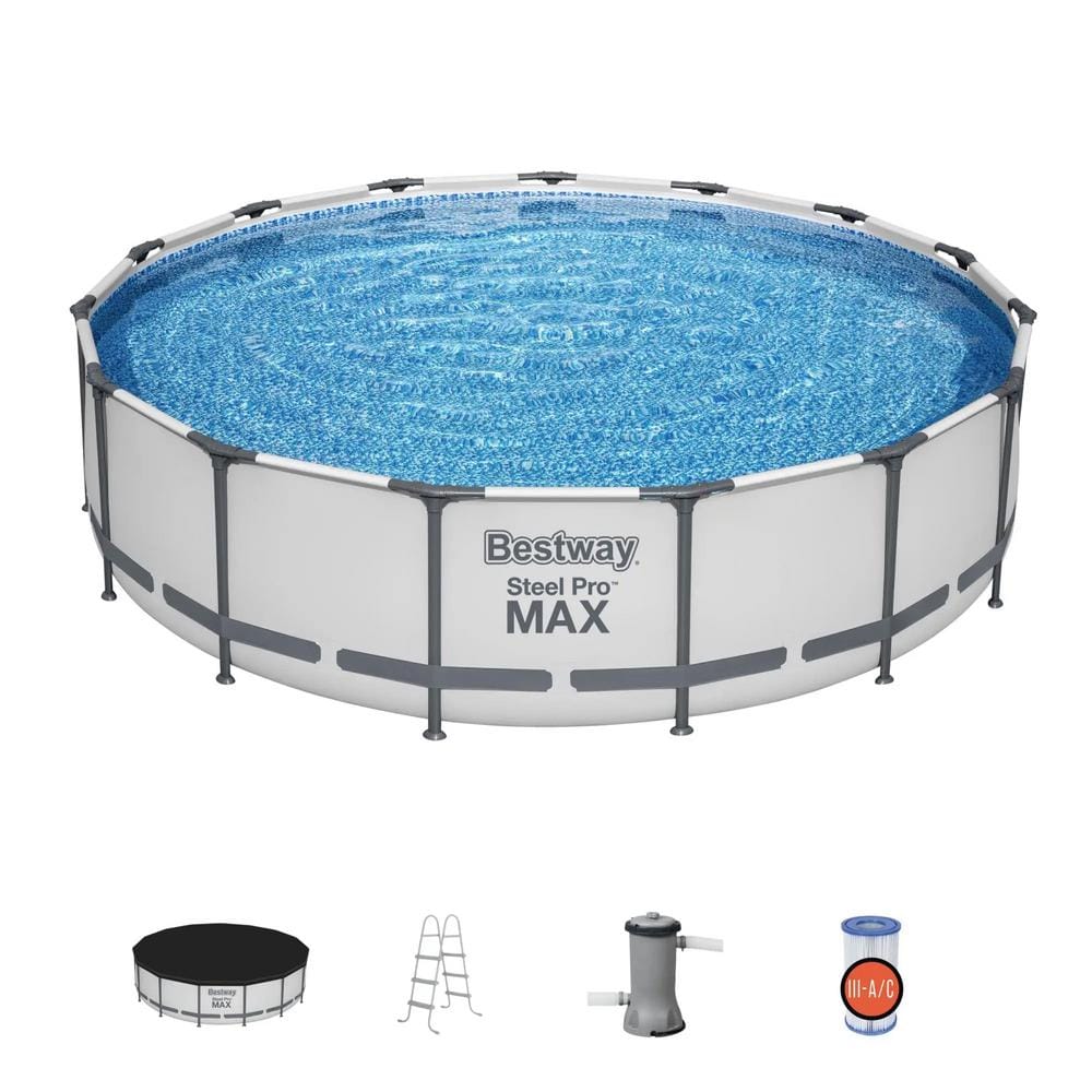 Bestway Pro MAX 15 ft. x 15 ft. Round 42 in. Deep Metal Frame Above Ground Swimming Pool with Pump & Cover 56687E-BW