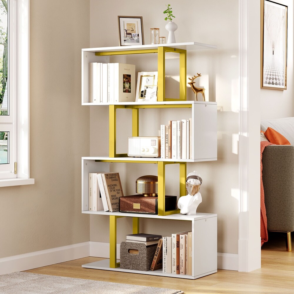 Hermoth Wood 5 Tier Bookshelf S Shaped Z Shelf Bookshelves and Bookcase Gold White