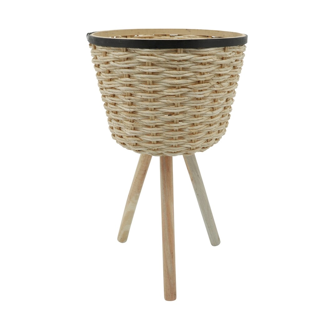 Natural Bamboo Wicker Planters on Solid Wood Tripod Legs (Set of 2)   13.0\