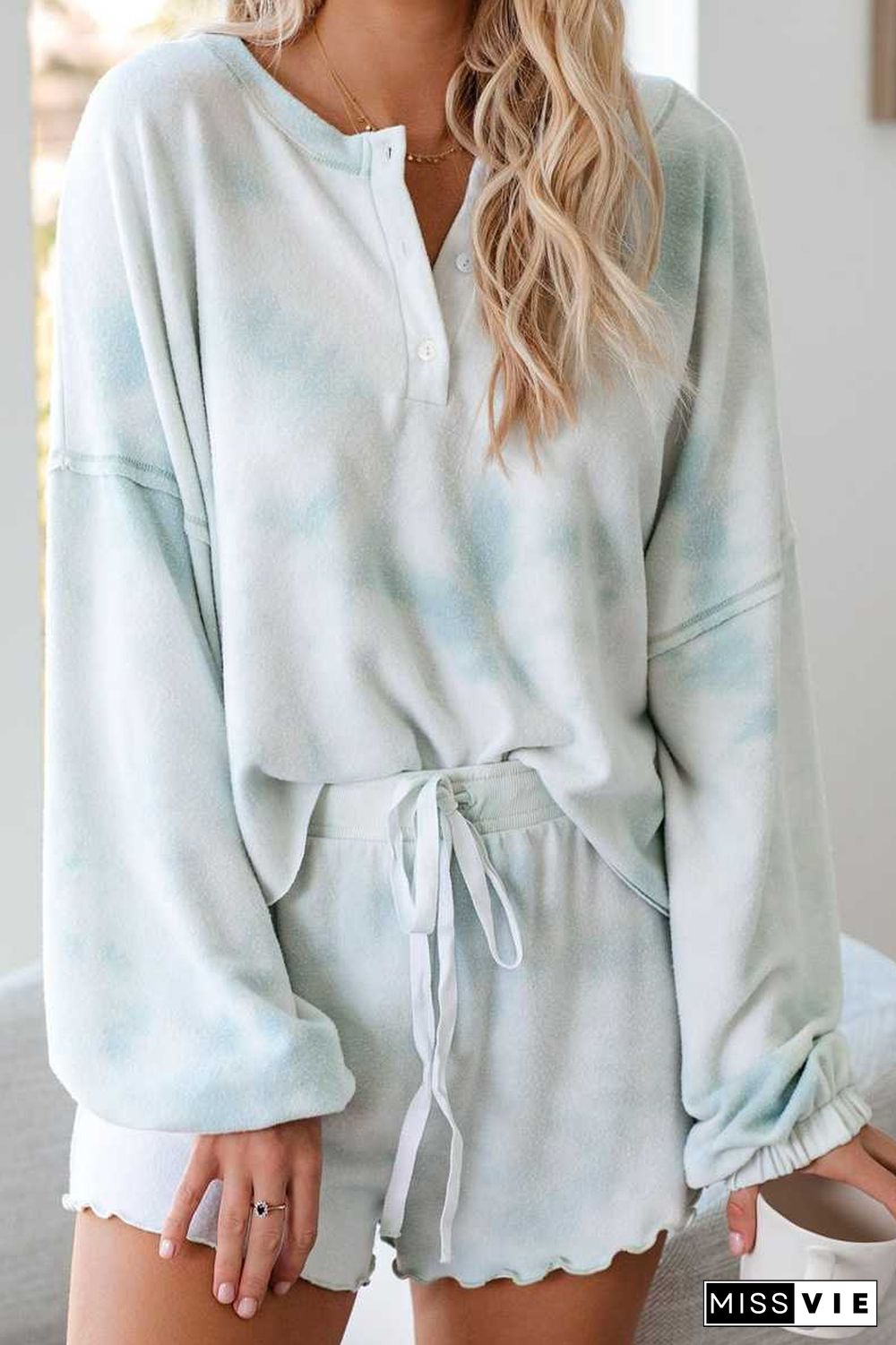 Aesthetic Pastel Tie Dye Knit Pullover Top And Scalloped Ruffle Knit Shorts Sets