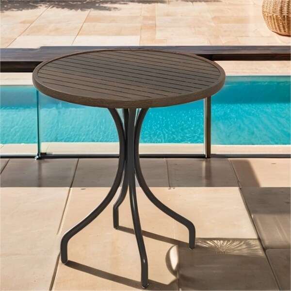 Outdoor Round Side Table with Steel Frame and Slat Tabletop