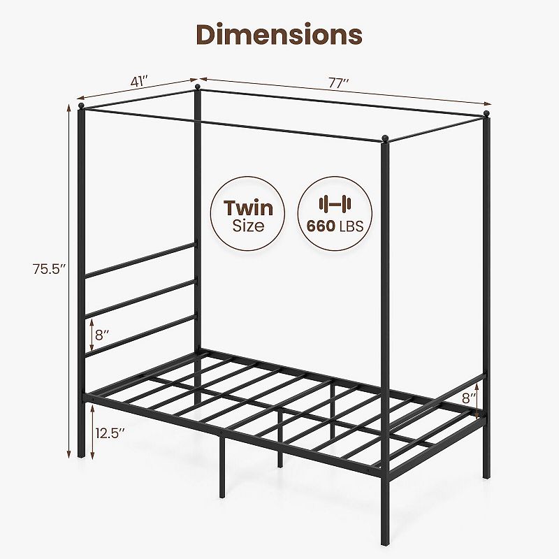 Metal Canopy Bed Frame with Slat Support