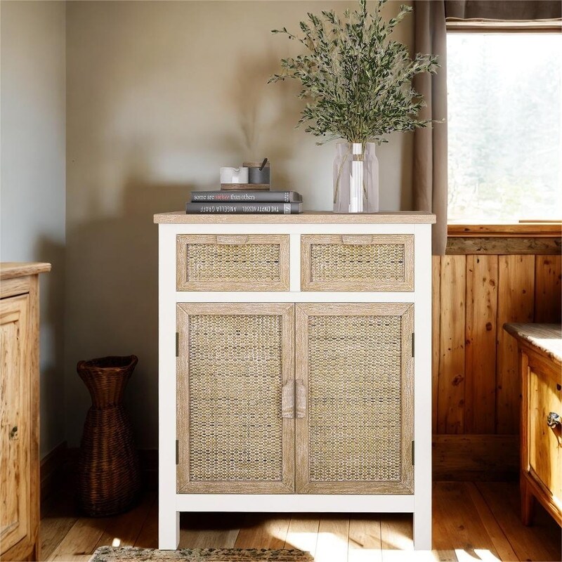 Vintage Style Storage Cabinet with 2 Drawers and 2 Doors  Buffets Sideboard with Sleek Wooden Handles  Antique White